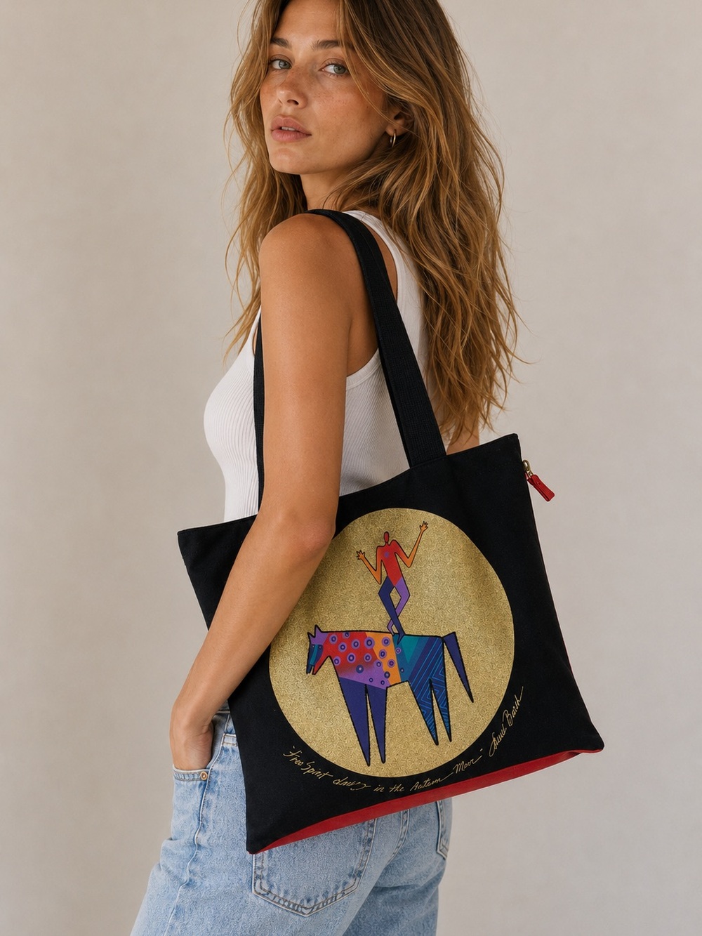 Y2K Laurel Burch YGraphic Canvas Tote Bag Black Red Shoulder Bag Boho Chic